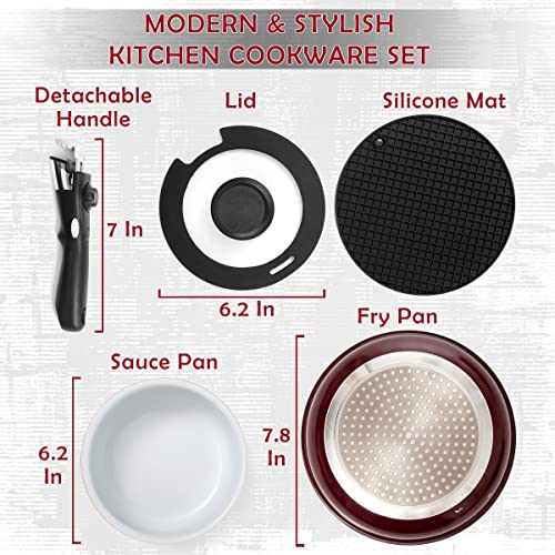 Image of Moss & Stone Aluminum Pots And Pans Set Nonstick, Removable Handle Cookware, Stackable Pots And Pans Set, Dishwasher safe, Induction Pots And Pans, Camping Cookware Set (5 Pcs Burgandy)