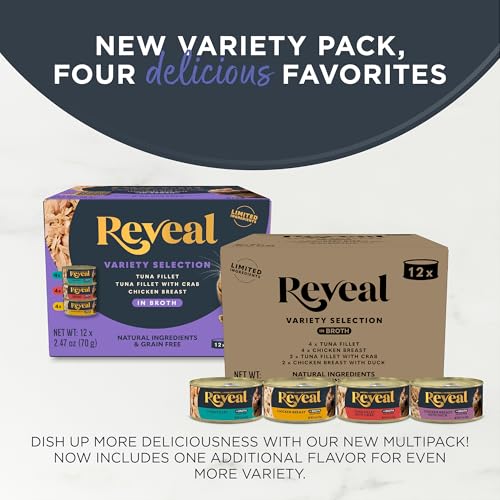 Image of Reveal Fish and Chicken Variety Pack Wet Cat Food in Broth, 12-Pack, 4-Flavor, Protein, Limited Ingredient, Grain Free, Canned Cat Food, No Fillers, No By-Products (12 x 2.47 oz Cans)