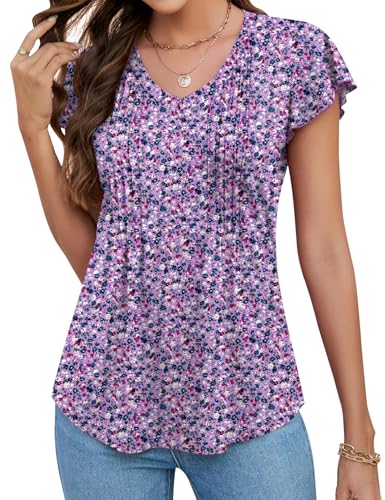 LOMON Womens Tops Dressy Casual Summer Flutter Sleeve T-Shirts Trendy Ruffle Short Sleeve Loose V-Neck Tunic Tops