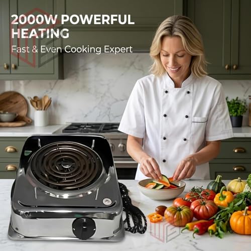 Image of Drumstone TopRated 𝟏𝟓𝐘𝐫 𝐖𝐚𝐫𝐫𝐚𝐧𝐭𝐲 699AID86 2000W Electric Hot Plate Single Burner, Copper Coil Fast Heating Cooktop with Heavy Switch, Portable Chrome Body Stove for Home Kitchen Cooking
