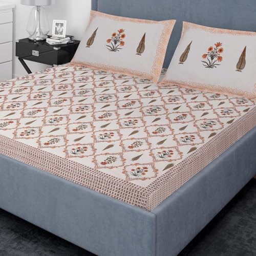 Image of Authentic Bagru Handmade 100% Cotton King Size Bedsheet, 220 TC Double Bed with 2 Pillow Covers. The bedsheet Measures 108 X 108 inches Orange