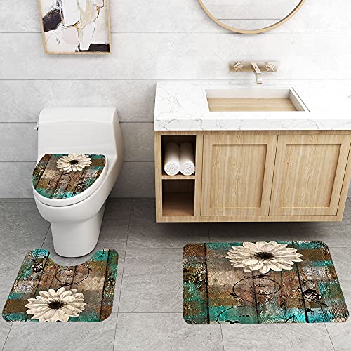 Jayden&Madge 4Pcs/Set Butterfly White Daisy Shower Curtain, Retro Floral Vintage Country Farmhouse Flower Teal Brown Rustic Panel Wooden Plank Art Bathroom Decor, Non-Slip Bath Rug Toilet Mats, Daisy #TOP4