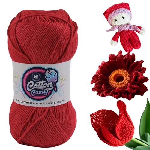 Image of NESTNHAVEN Cotton Candy 100% Cotton Yarn - (100g, 185 Meters) - Luxury Yarn for Crochet, Amigurumi, Embroidery, Toys, Garments, Flowers and Hobby, Projects. (Red) | (300 Gm)