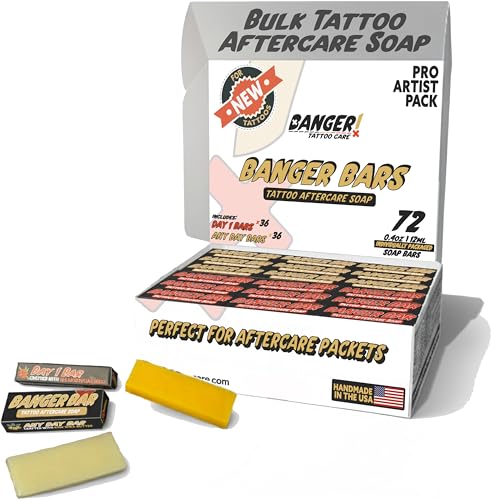 Banger Bars Tattoo Soap Bulk - 72 Count Mixed Formula Tattoo Aftercare Soap Samples for Artists & PMU Studios, Individually Packaged 0.4oz Travel Size Bars