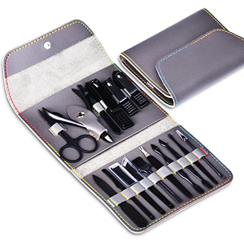 Manicure Set Nail Clippers Pedicure Kit 16 Pieces Stainless Steel Manicure Kit, Professional Grooming Kits, Nail Care Tools with Luxurious Leather Travel Case for Men and Women(Gray)