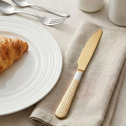 Image of 9 inch Aurum Gold Steak Knives Set of 5 with Checks Printed Handle ? Durable Stainless Steel Dinner Knife, Mirror Polished Silverware, Perfect for Home, Restaurant, and Gifting