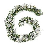 WBHome Pre-lit 9 Feet/108 Inch Christmas Garland, White & Silver Lighted Garland with 50 LED Lights for Indoor Outdoor Xmas Decor Holiday Decorations, Battery Operated (Batteries NOT Included)