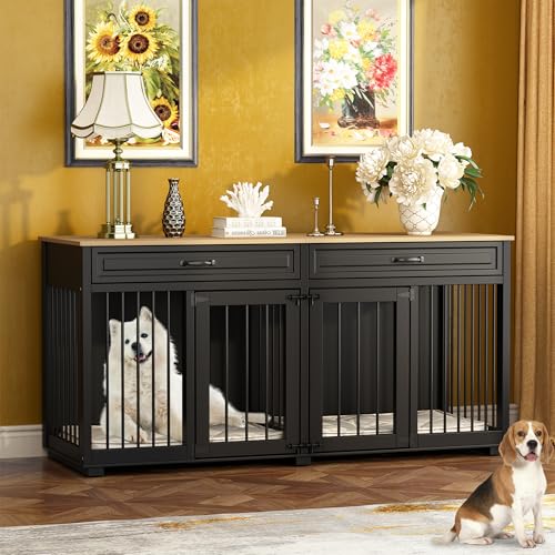 Hundekäfig für Zuhause, Eisen Hundebox,Hundebox XXL,Hundehütte Hundekiste für den Innenbereich,PB-Brett + Bügeleisen mit 2 Türen 164 x 80 x 60 cm, Metall, Schwarz + Braun