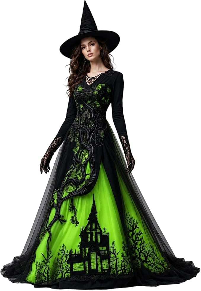 Gothic Dress Womens Halloween Costume Adult Medieval Lace and Chiffon Vampire Costume, Vintage Renaissance Medieval, Day Of the Dead Outfit, Party Dresses for Women