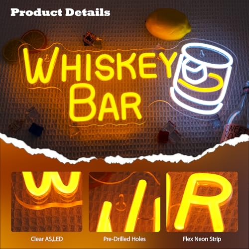Image of Whiskey Bar Neon Sign LED Neon Lights For Wall Decor Light Up Bar Signs For Home Bar Cart Restaurant Man Cave Beer Cafe Bistro Club Party Decorations Gift