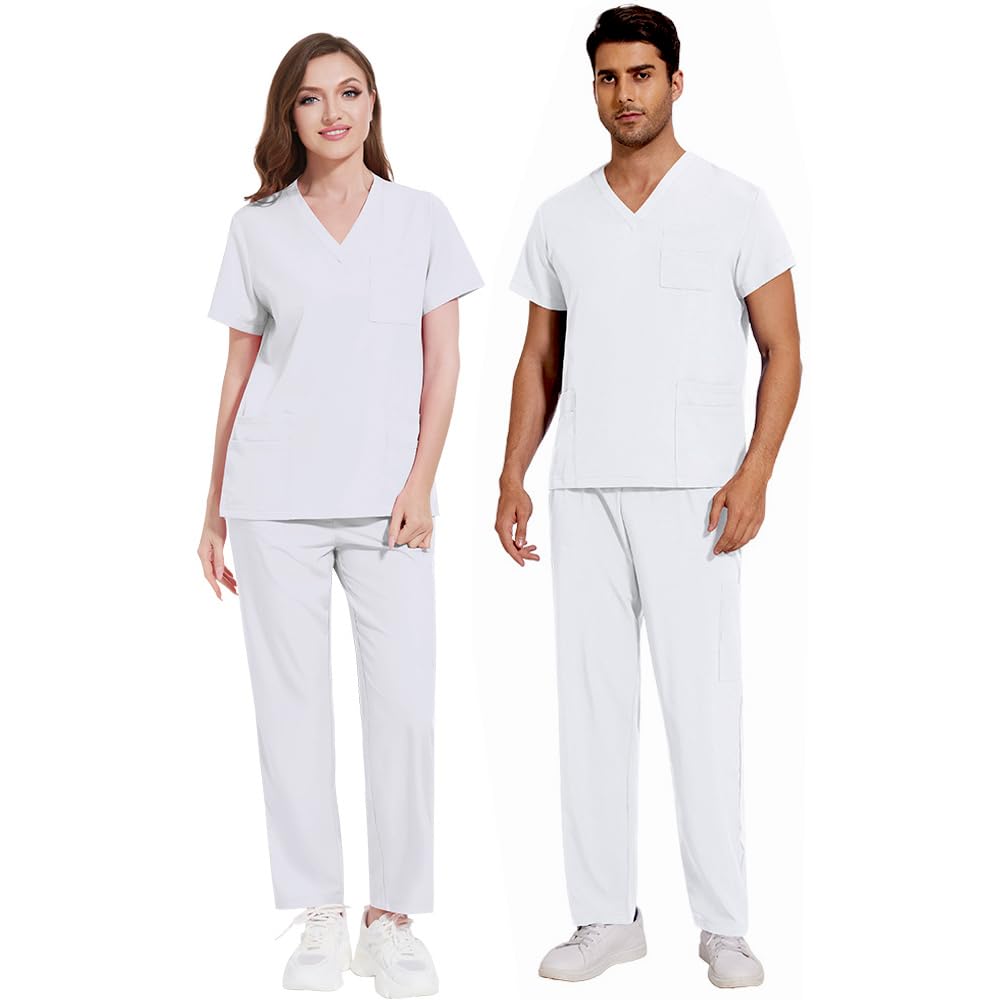 Set di uniformi mediche da donna, con scollo a V, maniche corte, pantaloni a gamba dritta, 8 tasche, elastico con coulisse, traspirante, DK77