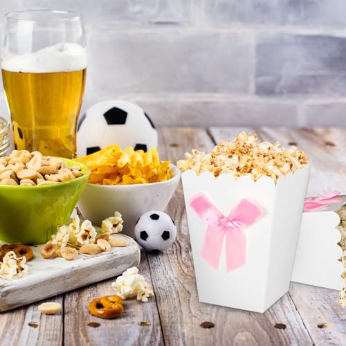 Image of JarThenaAMCS 36Pcs Mini Popcorn Boxes White Popcorn Buckets with Pink Bow Paper Candy Goodie Box for Movie Night Party Supplies, 4.2 x 3 x 2.2 Inch