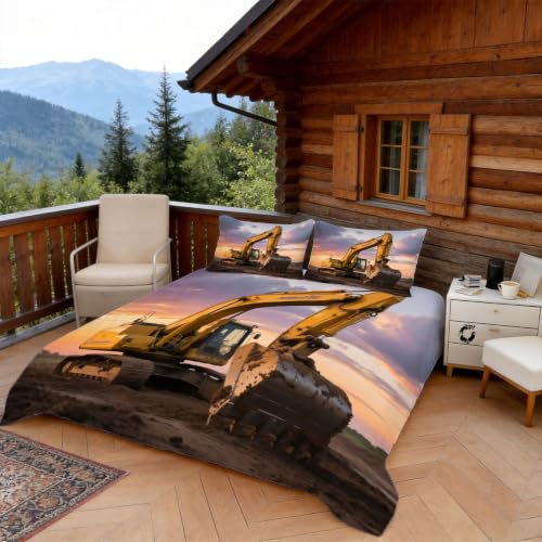 Housse de couette excavatrice 200x200 en microfibre pour créer une chambre à thème tracteur
