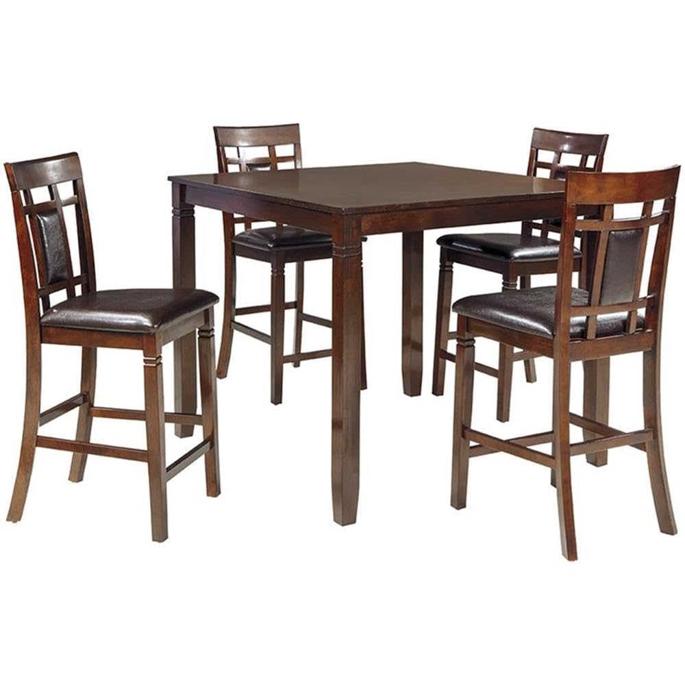 BOWERY HILL 5 Piece Counter Height Dining Table Set, 42 in Square Table, Wood and Faux Leather, Brown Finish, Cushioned Back and Seat Stools, Trendy