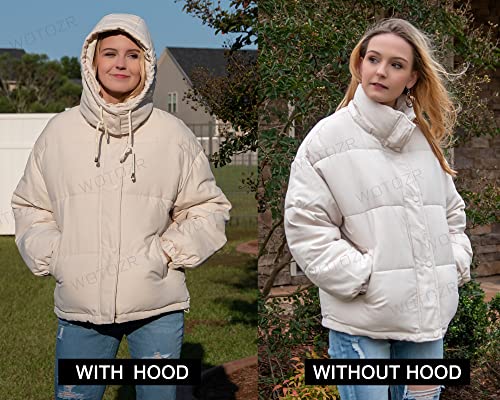 Wotozr Women's Winter Hooded Puffer Jacket Oversized Long Sleeve Zip Up Quilted Short Down Coat With Pockets Beige M #TOP6