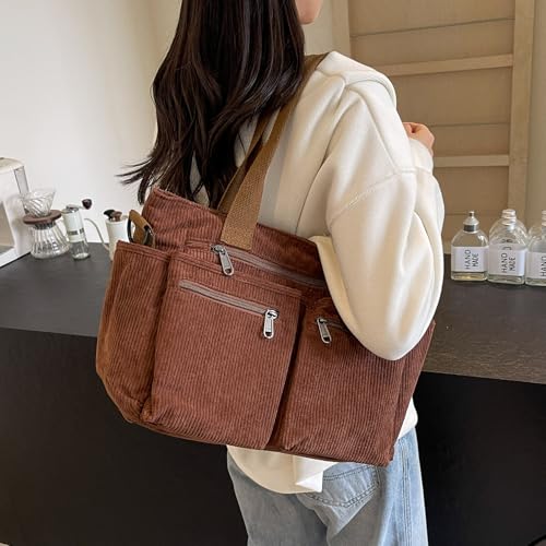 Image of YDF Corduroy Tote Bag for Women Crossbody Purse with Zipper, Aesthetic Multi Pocket Work School Bag, Gifts for Mom Teacher
