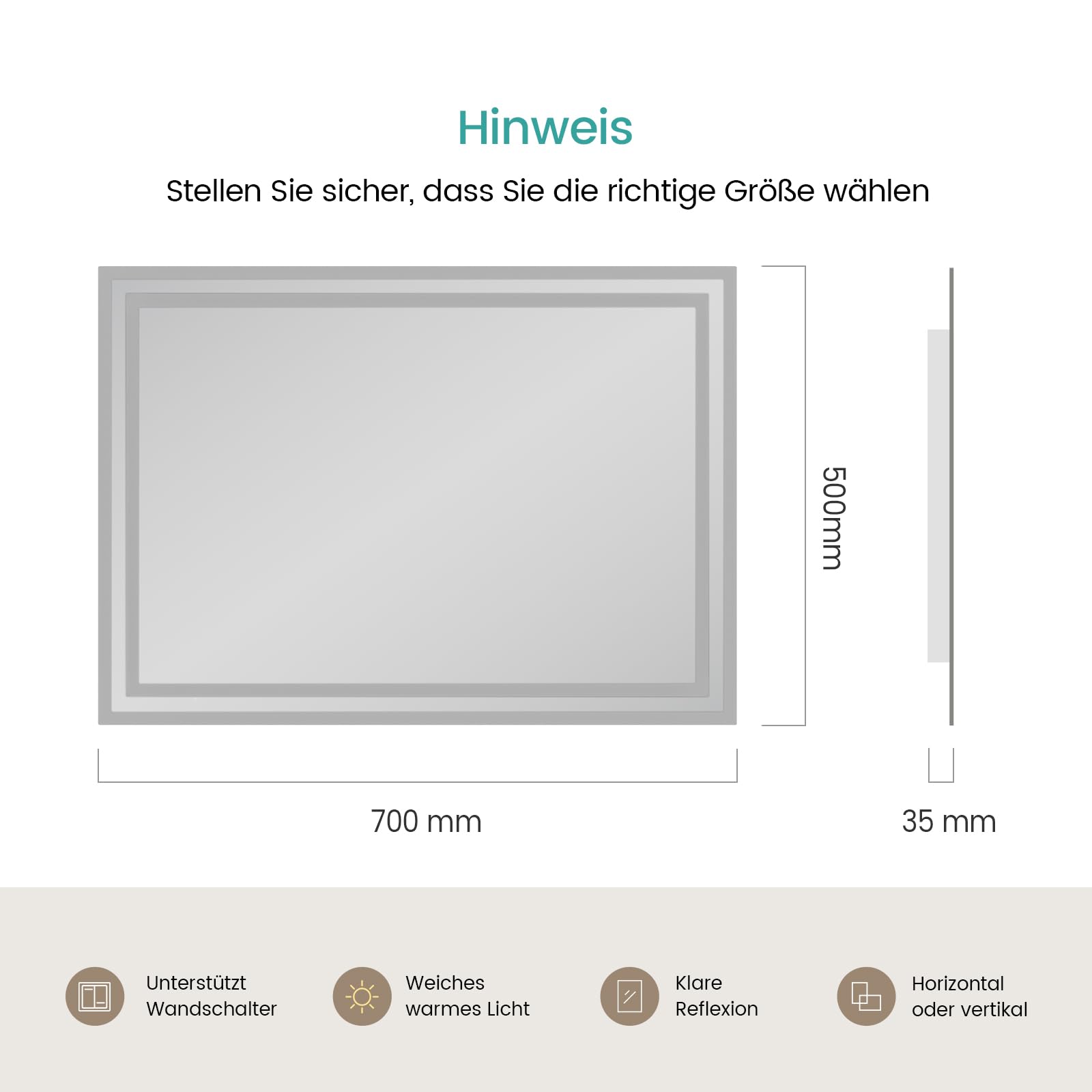 EMKE Badspiegel mit Beleuchtung 50x70cm, Badezimmerspiegel mit Warmweiß Licht 3000K, Wandschalter, badezimmerspiegel mit licht ideal für Badezimmer