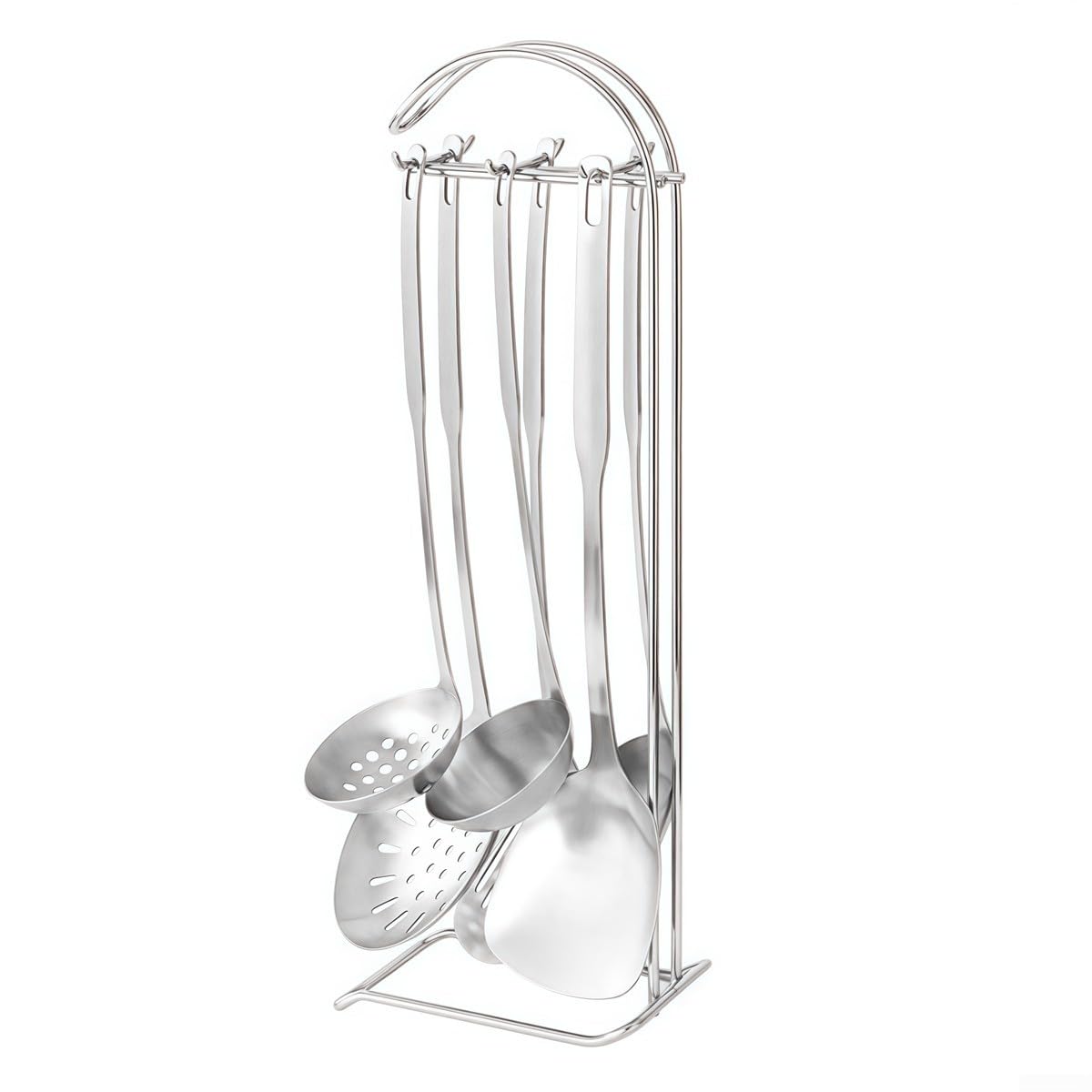 Set di utensili da cucina in acciaio inox, set di utensili da cucina in metallo da appendere, con supporto per utensili da cucina, spatola, cucchiaio, acciaio inossidabile