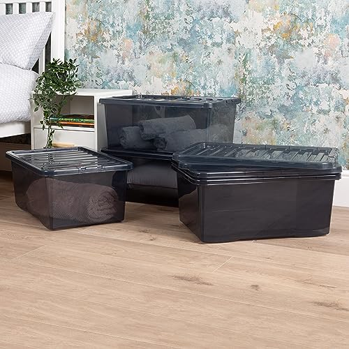 Wham Crystal 5x 45L Plastic Storage Boxes with Lids Tint Smoke (Black). Medium Size, Strong (Pack of 5, 45 Litre). Made in the UK