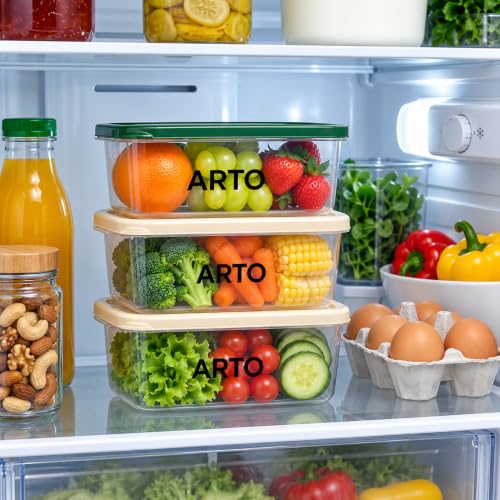 Image of Arto Food Storage Containers Set of 3, 1100ml Airtight & Leak Proof Transparent Fridge Organizer with Coloured Lids - Stackable, Food Grade Plastic for Kitchen, Pantry, Cereals & Vegetables
