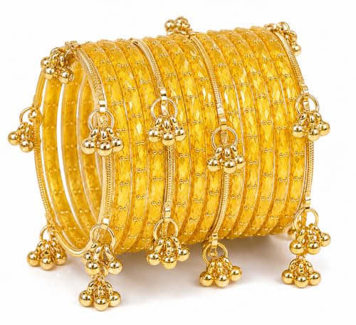 Image of JPS 16 Pcs Trendy Stylish Glass & Kashmiri Ghungroo Bangles Set for Women & Girls | Gold-Plated Traditional Festive Wedding Party Jewellery Chudi Set (12 Glass + 4 Metal)