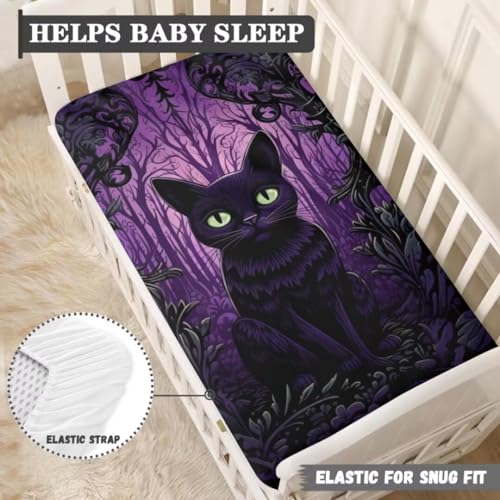 Image of Halloween Baby Crib Sheets for Boys Girls Gothic Cat Cribs Sheet Nursery Bedding Set Fitted for Pack and Play Breathable Mattress Cover Nursery Decor Toddler Gifts
