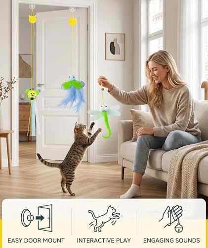 Image of 3PCS Interactive Cat Feather Toys, Indoor Hanging Retractable Cat Toy, Self Play Toys Make Fun Excecise