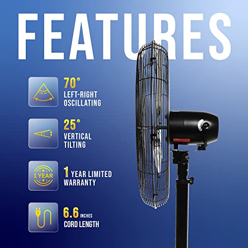 Tornado 24 Inch High Velocity Oscillating Metal Pedestal Fan Commercial, Industrial Use 3 Speed 7600 Cfm 1/4 Hp 6.6 Ft Cord Ul Safety Listed #TOP3