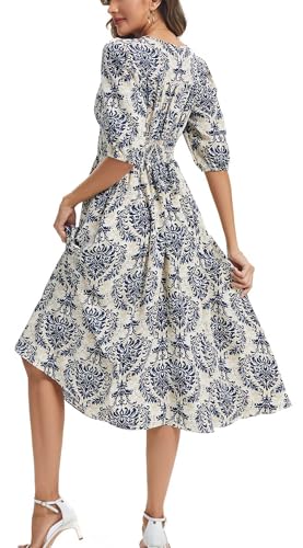 Image of Kormei Women Casual Boho V Neck 3 /4 Sleeve Smocked Waist A Line Flowy Swing Midi Dress Smocked Long Dress