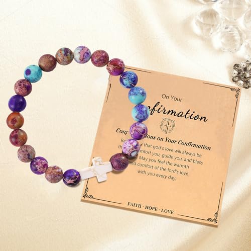 Image of Confirmation Gifts for Teenage Cross Charm Beaded Bracelet for Women /Men Relax Anxiety Jewelry Faith Gifts Catholic Sponsor Gift (Emperor Purple)