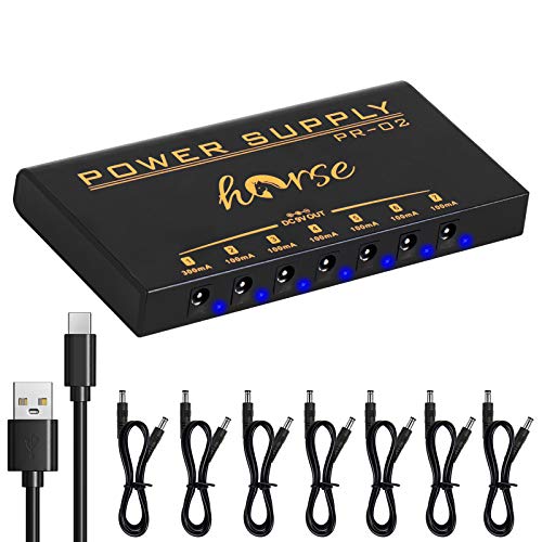 Guitar Pedal Power Supply,Horse Portable 7 Isolated DC Output Built-in Rechargeable Battery for 9V Guitar Bass Effect Pedals with Short Circuit/overcurrent Protection and USB Port for iPhone iPad