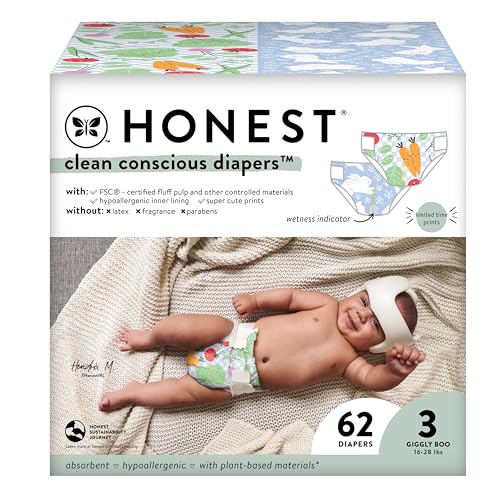 Image of The Honest Company Clean Conscious Diapers | Plant-Based, Sustainable | Spring '24 Limited Edition Prints | Club Box, Size 3 (16-28 lbs), 62 Count