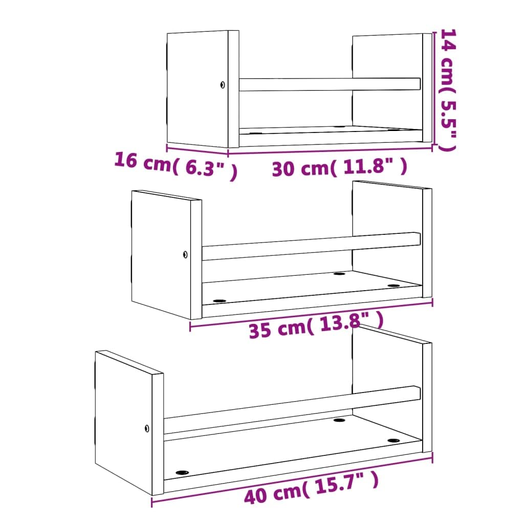 Juego de 3 estantes flotantes de pared con barras de roble Sonoma, madera y acero, 30, 35, 40 x 16 x 14 cm, soporte invisible para salón, dormitorio, cocina, baño y pasillo