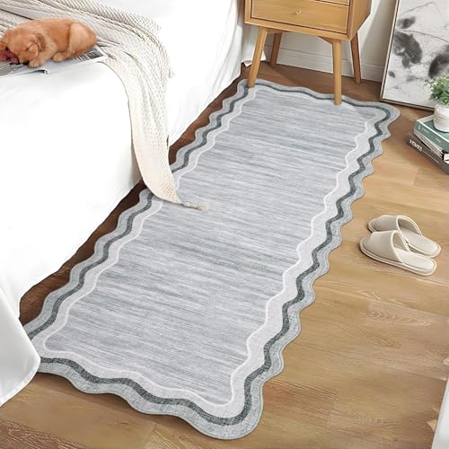 GarveeHome Washable Runner Rug 2x6 Kitchen Hallway Scalloped Rugs Non Skid Stain-Resistant Washable Modern Solid Soft Scalloped Entryway Carpet Runner for Bathroom Laundry Room Bedside(Grey,2x6)