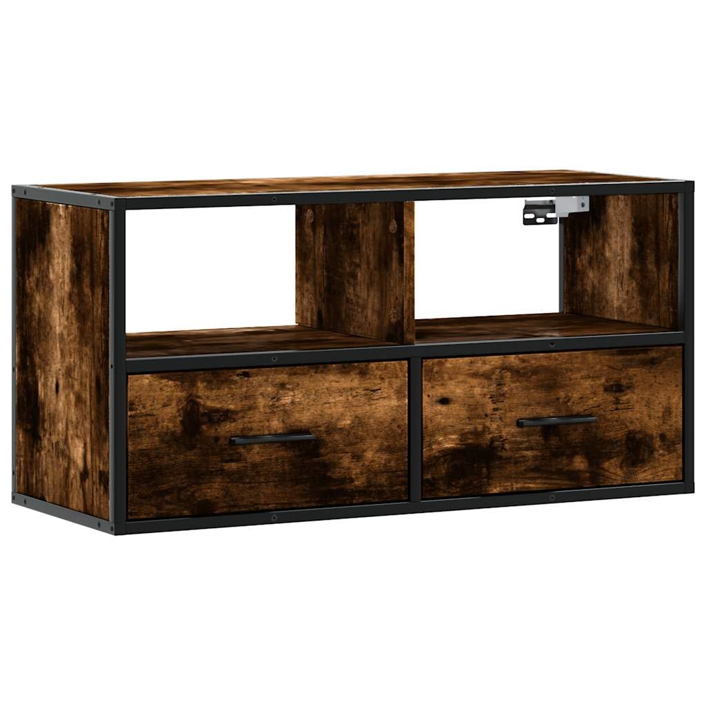 YUANCHUTOP Small Floating TV Unit Stand 80cm, Wall Mounted Media Console with 2 Drawers & Storage Shelf, Industrial Style Hanging Wall Cabinet, Oak+Rustic