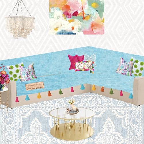 Image of Blue Sofa Cover Multicoloured Tassels:Corner Thick Fabric, Corner Sofa Seat & Back Cover, Designer:Fits 3+2 Seater+Corner Sofa, Coverage: Seat & Front Back -Set of 2 Seat Covers & 2 Back Covers