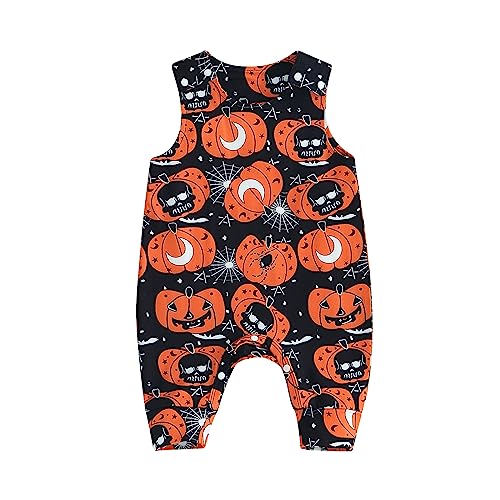 Image of Halloween Baby Boy Girl Clothes Pumpkin Sleeveless Romper Jumpsuit One Piece Bodysuit Cute Infant Halloween Outfit (A-Black, 12-18 Months)