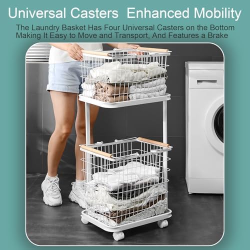 Double-Layer Laundry Basket with Wheels, Wooden Handles, Split Design for Easy Carrying, Large Capacity Clothes Hamper - Stylish White Laundry Organizer
