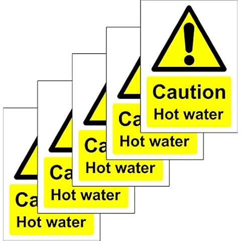 Caution Hot Water Safety Sign - Self Adhesive Sticker 100mm x 75mm (Pack of 5 Stickers) Cover