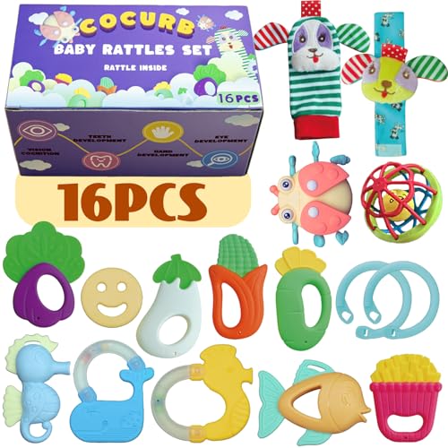 Image of Cocurb 16 Pcs Ringing Teething Toys High Contrast Baby Present Set for Infant Newborn Boy Girl and Baby for 6 to 12 Months with Teethers and Wrist Socks