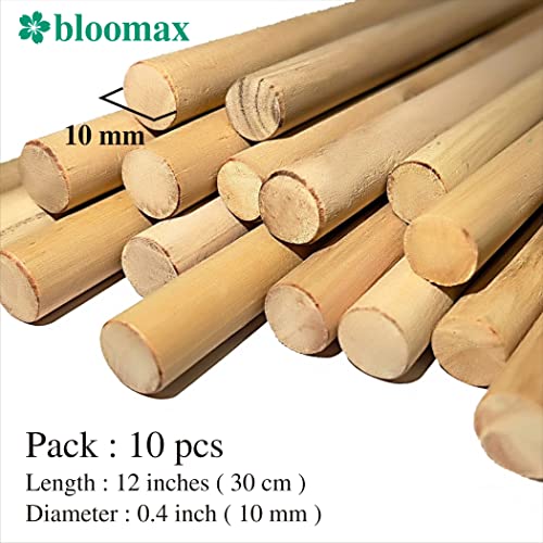 Image of BLOOMAX 10 Pcs 12 Inch x 10mm Hardwood Wooden Dowels | Smooth Sanded Solid Round Sticks | Perfect for Macrame, Craft, DIY & Wall Hanging