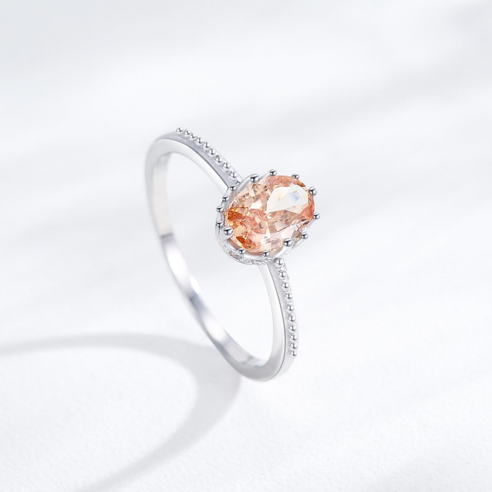 Anillo de oro blanco de 9 quilates para mujer, anillo de compromiso para mujer, 7 x 5 mm, zafiro de laboratorio, champán, 1 ct, sin piedras preciosas