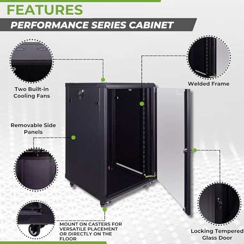 Image of NavePoint 18U Server Cabinet Wall Mount Rack Enclosure with Caster Wheels, 2 Fans, Locking Glass Door, Removable Side Panels - 18U Network Cabinet 23.6 inch Deep, 19 inch Server Rack for IT Equipment