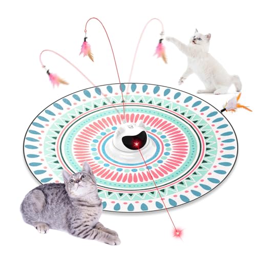 Petinstinct 3 in 1 Automatic Interactive Cat Toy, Cat Laser Pointer Toy with Random Trajectory, Hide and Seek Moving Feather, Rechargeable Electronic Teaser Wand for Bored Indoor Cats