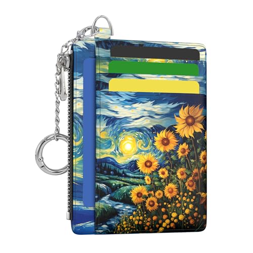 Image of Hancynir Sunflower Starry Night Small Wallet Women Credit Card Holder, Slim RFID Blocking Keychain Card Wallets, Mini Front Pocket PU Leather Thin Travel Zipper Coin Cash Ladies Wallet Organizer Gifts
