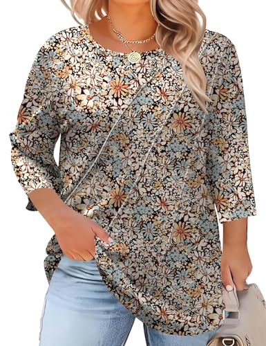 LOMON Womens Plus Size Tops 3/4 Length Sleeve Womens Tops Pleated Crewneck Fall Shirts Summer Blouses 2025 (1X-5X)