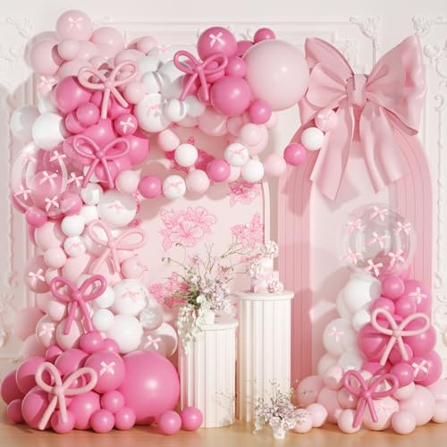 Image of Coquette Birthday Decorations, JOGAMS 199Pcs Pink Bow Balloon Arch Kit with 260 Clear Balloons Pink Ribbon Bow for Coquette Bow Theme Birthday Bachelorette Baby Shower Bridal Shower Wedding Party