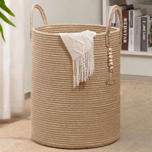 Goodpick Boho Jute Laundry Hamper Basket, Wicker Laundry Basket with Handles, Tall Baby Nursery Hamper, Large Woven Blanket Storage for Living Room, Bedroom, 16