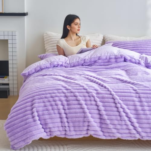 Image of Besfunny Lavender Plush Comforter Cover Full Size ,Fluffy Striped Bedding 2pcs Set(1 Fuzzy Duvet Cover + 1 Fur Pillow Cases ) Faux Fur Luxury Bed Set (Lavender, Twin)