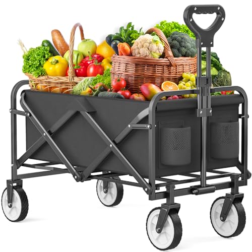 Image of Folding Wagon, Collapsible Beach Cart, Foldable Grocery with Side Pocket, Large Capacity Heavy Duty Portable Wagon for Camping, Sports, Shopping, Garden and Beach (Black)